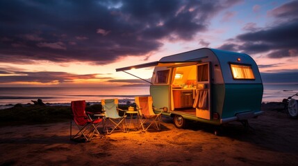 a retro caravan on a beach with a sunset over the sea