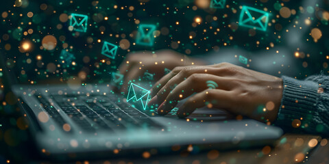 Hands typing on laptop keyboard with digital email icons and particles. Online communication and internet technology concept. Design for website banner or cybersecurity infographic, mail tabs