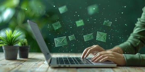 Hands typing on laptop keyboard with digital email icons and particles. Online communication and internet technology concept. Design for website banner or cybersecurity infographic, mail tabs