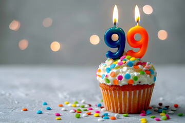 Birthday cupcake with number ninety-nine candle