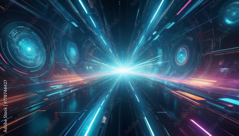 Poster vivid light streams converge towards a singular bright point, evoking a sense of hyperspace travel w