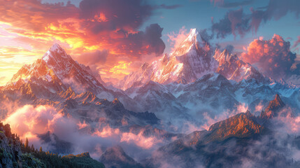 This photorealistic image depicts the majestic Mount Everest, capturing its awe-inspiring beauty under a vibrant sunset sky. Created with Ai - obrazy, fototapety, plakaty