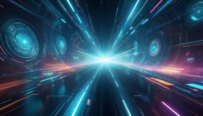 Fototapeta na wymiar Vivid light streams converge towards a singular bright point, evoking a sense of hyperspace travel within a futuristic tunnel.. AI Generation