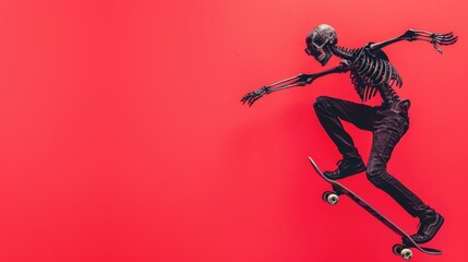 A humorous skeleton wearing dark glasses, joyfully skateboarding with dynamic moves