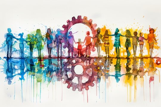 An artistic representation of a team working together like well-oiled gears in the machinery of business, illustrated in a dynamic,