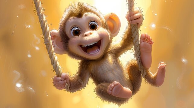 A cheeky monkey swinging from an invisible vine, making a funny face,