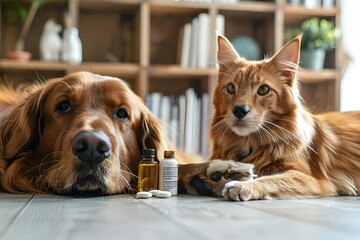 Domestic Pets Relaxing Amidst Health Supplements for Wellness and Contentment