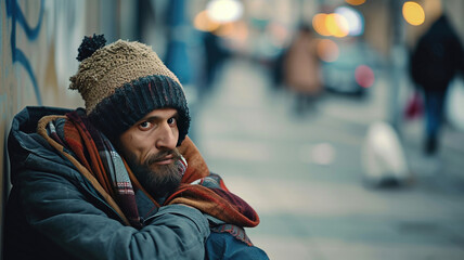 a homeless man in dirty clothes sits on the street - obrazy, fototapety, plakaty