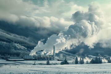 Geothermal Power Plant Tapping Into Earth's Heat to Generate Sustainable Electricity Amid Winter Landscape