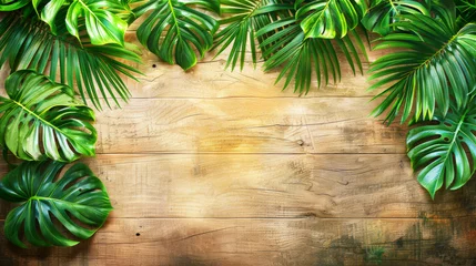 Muurstickers A wooden background with green leaves surrounding it. The leaves are large and leafy, giving the impression of a lush, tropical environment © Дмитрий Симаков