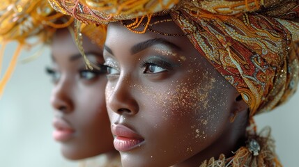 a close up of two women wearing head scarves and scarves with gold glitters on their foreheads. - obrazy, fototapety, plakaty