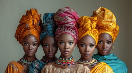 a group of women standing next to each other wearing different colored headscarves and turbans on their heads. - obrazy, fototapety, plakaty