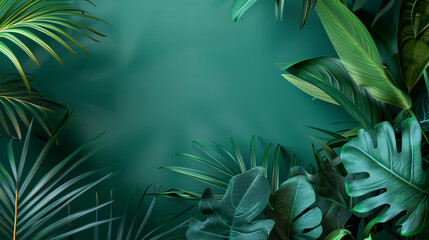 A vibrant composition of various tropical leaves creating a refreshing backdrop with a smooth gradient