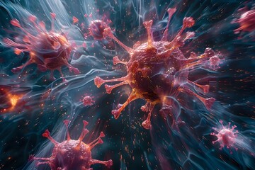 Obraz premium Microscopic Depiction of Rapid Viral Spread and Potential Pandemic Threat to Global Communities