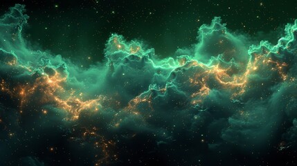    star cluster in night sky, with green and yellow clouds in foreground