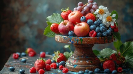 a close up of a fruit bowl on a table with berries, strawberries, blueberries, and raspberries.