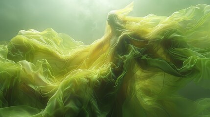   A stunning digital portrait of a lady in a vibrant emerald gown, with billowing hair and golden rays filtering through the fluffy clouds above