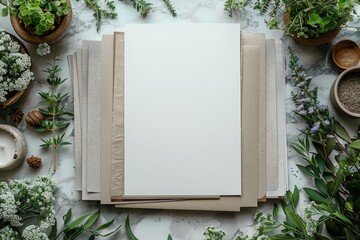 Serene flatlay of blank art canvases surrounded by lush greenery and vibrant blooms