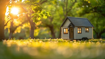Tiny home model closed up against a green grass background