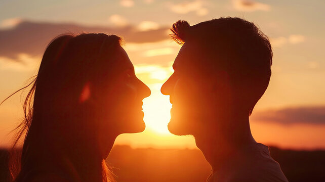 happy couple in love at sunset