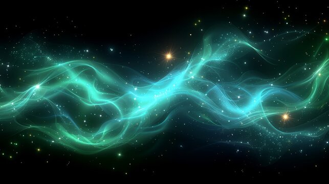   A stunning image of waves in shades of blue and green set against a black background, accented by starry skies above