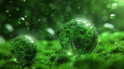  A pair of glistening orbs atop a verdant green meadow, dotted with water droplets - obrazy, fototapety, plakaty