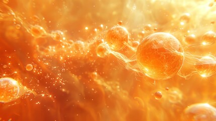   A close-up of orange balls surrounded by yellow, orange, and water droplets in space