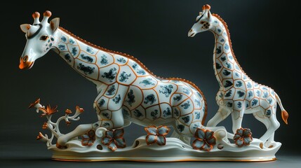 Porcelain vase in the form of a giraffe, side light, day, chiaroscuro, gold border