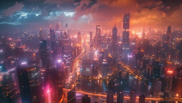 futuristic city cyberpunk features spectacular nighttime skyscrapers