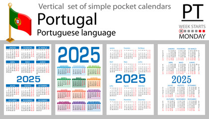 Portuguese vertical set of pocket calendar for 2025. Week starts Monday