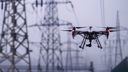 Drone Flying Over Power Lines to Collect Energy and Recharge Its Battery. Generative AI.