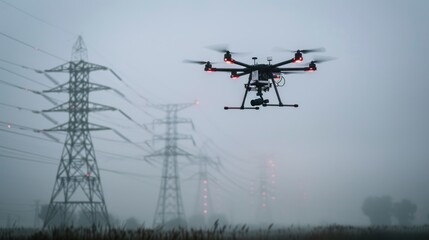 Drone Flying Over Power Grid. Generative AI