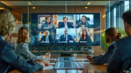 Video Conference of Businesspeople in an Office. Generative AI.