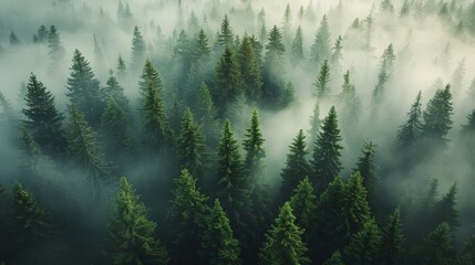  A dense forest shrouded by foggy trees, with smoky air