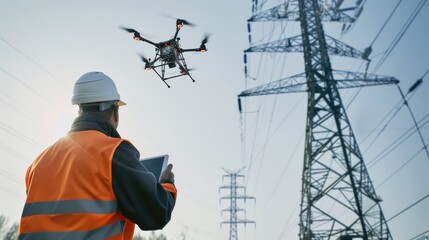 Monitoring The Status Of High Voltage Towers With Industrial Drones. Generative AI.