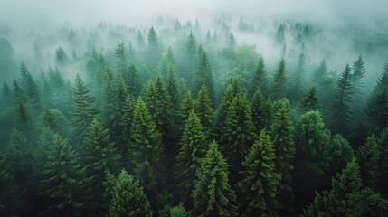   A forest brimming with many verdant trees blanketed by fog