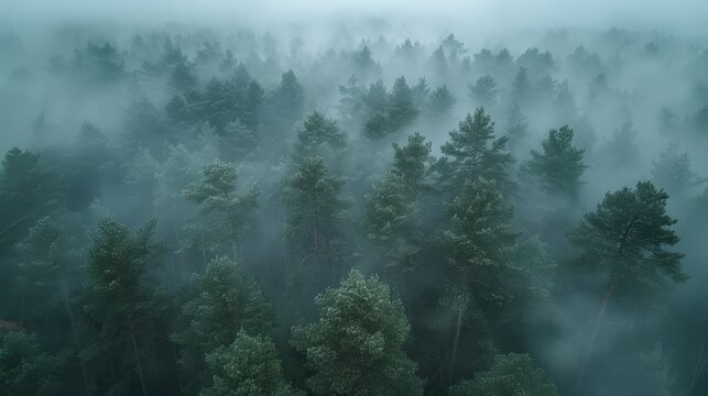   A dense forest shrouded in mist, with numerous trees visible in the foreground and a layer of fog enveloping the treetops