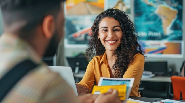 Female Travel Agent In The Office, Giving A Client Their Travel Reservation. Generative AI.