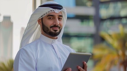 Muslim Company Worker Man with Traditional Attire, Using a Digital Tablet. Generative AI.