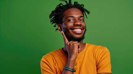 Black Male of Generation Z Smiling with Perfect Smile on Green Background, Idea Gesture. Generative AI.