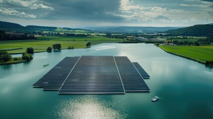 Planting Solar Panels in the Water. Floating Photovoltaics Concept. Generative AI.