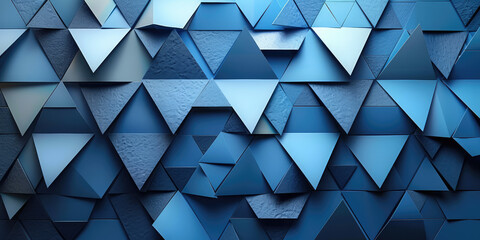 Blue background with a triangular pattern. The background consists of blue triangles arranged in a symmetrical geometric design. Created with Ai - obrazy, fototapety, plakaty