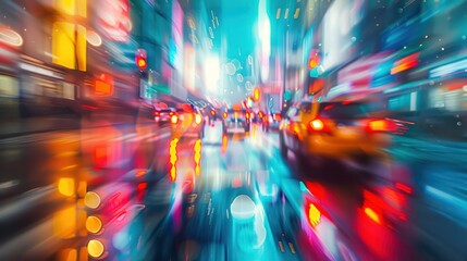A blurry photo of a busy city street with cars and traffic lights