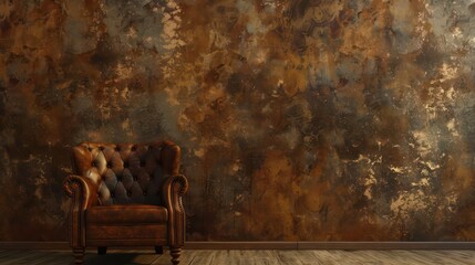 A brown leather chair sits in front of a wall with a textured, rustic appearance