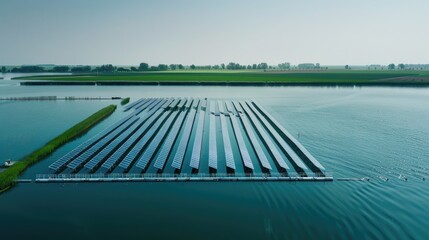 Floating Photovoltaic Installed in a Lake. Generative AI.