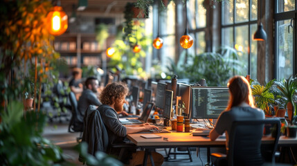 Naklejka premium A photo of a busy marketing agency office, employees focused on sleek, modern computers