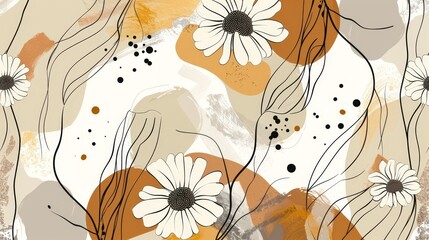   White and orange flowers on brown and white background with black center dot