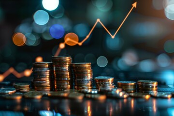 Pile of coins with growing financial graph and arrows on dark background stock market business concept