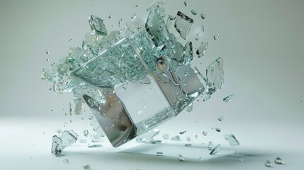 a shattered glass cube flying outwards on an undecorated white background