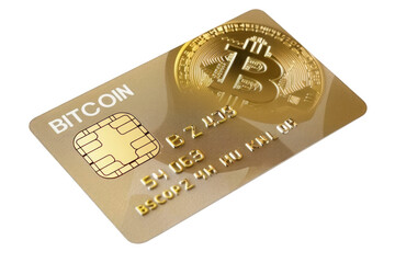 Gold bitcoin credit card isolated on a clipped PNG transparent background 